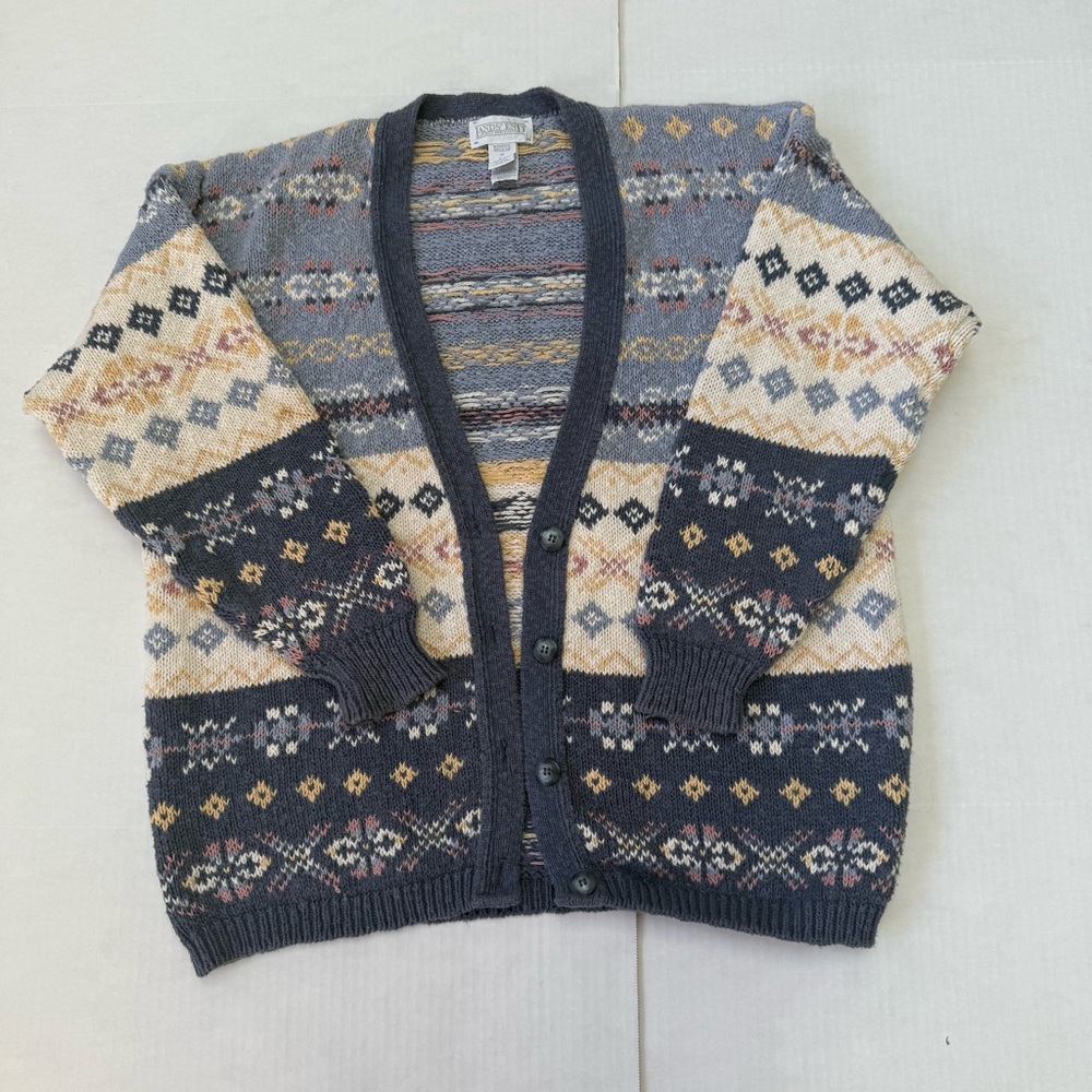 Vintage Land’s End Fair Isle Cardigan Sweater, Women’s Medium, 100% Cotton